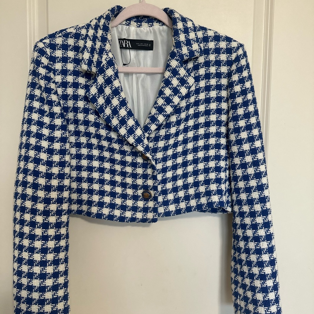 Zara Blue and White Cropped Tweed Blazer